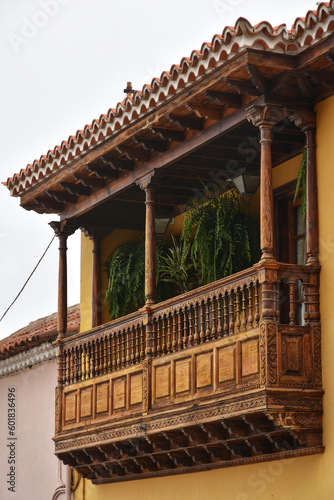 Low angle view of wooden balcony in La Orotava