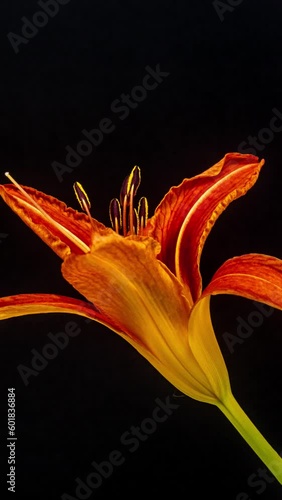 Orange lily flower blossom timelapse on a black background