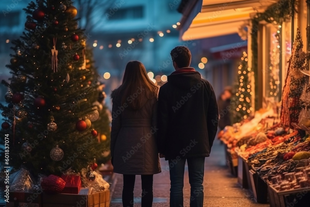 Rear view of couple shopping during Christmas time Generative AI