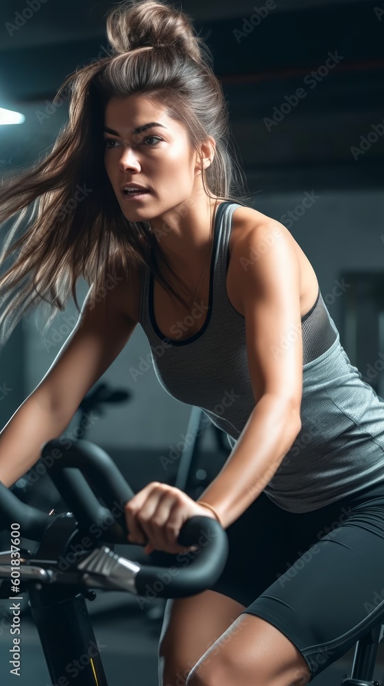 Fototapeta premium woman running on a stationary bicycle , ai, ai generative, illustration
