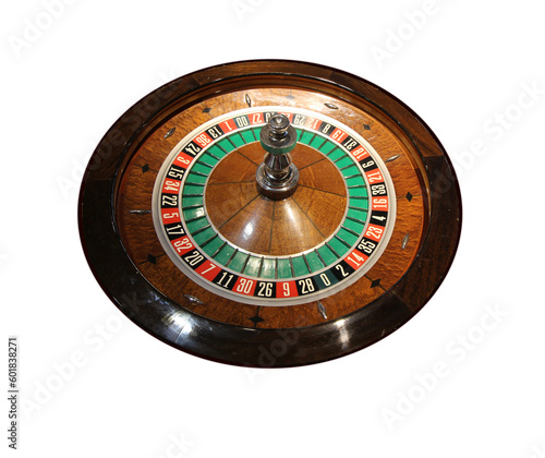 Vintage wooden roulette wheel casino gaming wheel used for gambling, betting, competition , win or lose with zero and double zero and numbers 1 to 36