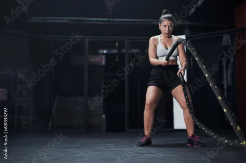 Obraz Sports, battle ropes and woman at the gym doing strength, cardio and challenge exercise with space. Fitness, energy and strong female athlete doing health workout or training with equipment for power
