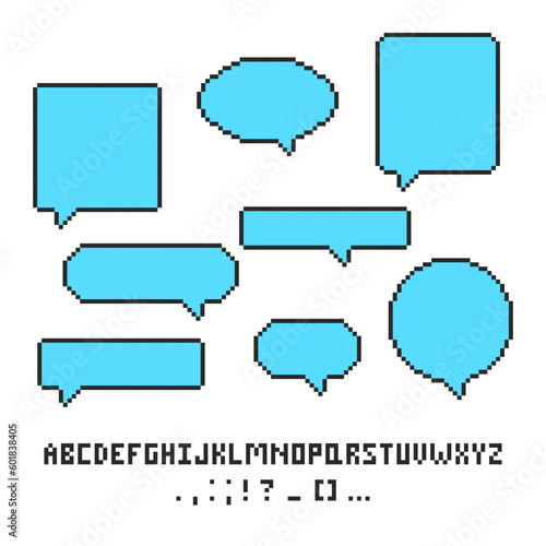 Set of pixel speech bubbles with pixel alphabet. 8 bit empty pixelated speech bubbles, chat speech or dialogue. Vector illustration.