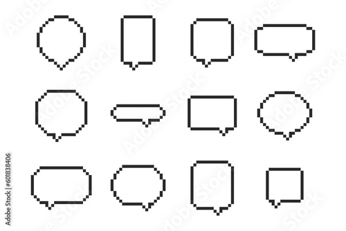 Set of pixel speech bubbles, 8 bit empty pixelated speech bubbles, chat speech or dialogue. Pixel art - speech clouds.