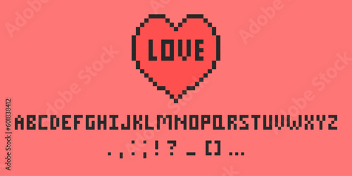 Pixel heart with pixel alphabet, chat speech or dialogue.