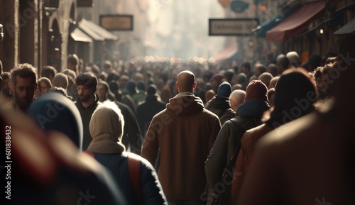 Crowd of people walking street.Generative AI.