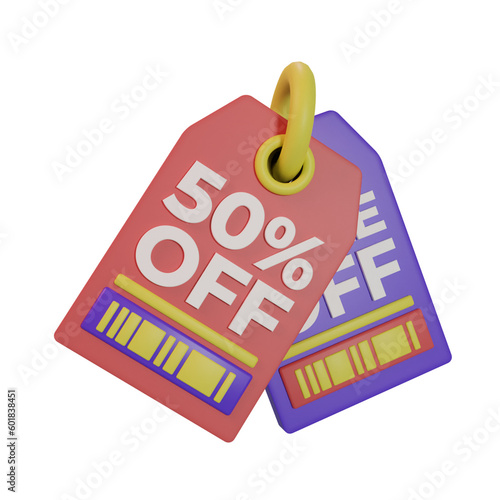 A red and purple price tag with 50% off on it. Hang tag 3d icon