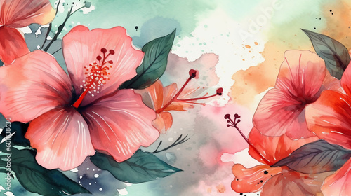 Fototapeta Naklejka Na Ścianę i Meble -  watercolor background with red hibicus flowers. Image Generative AI.