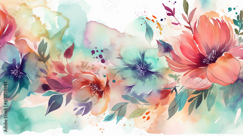 watercolor background with hibicus flowers. Image Generative AI.
