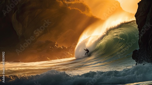 A surfer on a huge wave at sunset (Generative AI, Generativ, KI)