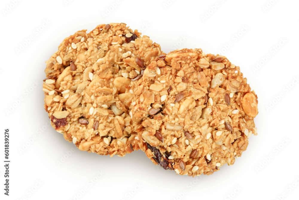 Granola cookie isolated on white background with full depth of field. Top view. Flat lay. Granola cookie isolated on white background with full depth of field. Top view. Flat lay.