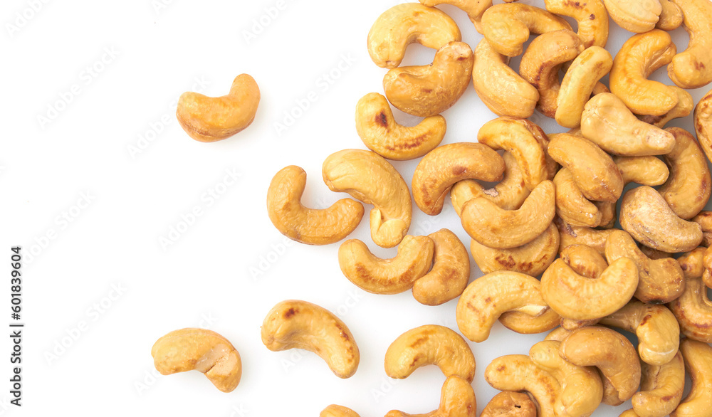 Cashew nuts on a white