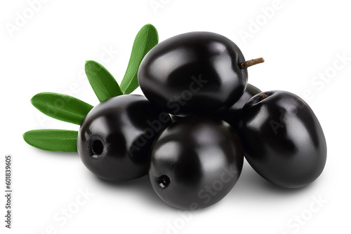 Black olives with leaves isolated on a white background with full depth of field.