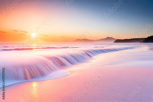 Pink orange sunrise over the sea with soft waves generative ai