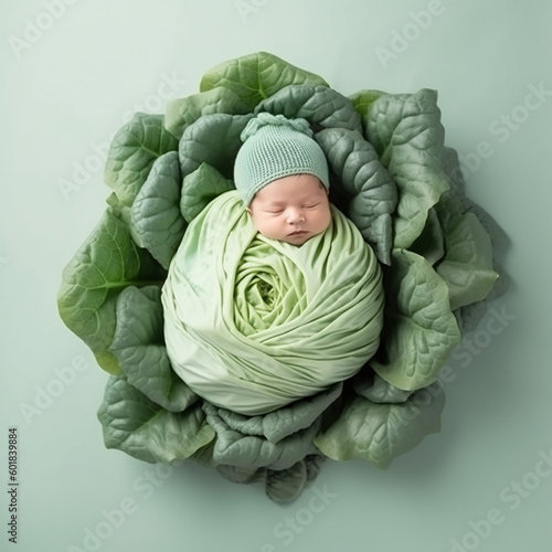Small child sleeps in head of cabbage, close-up, funny cute illustration on theme of famous joke.