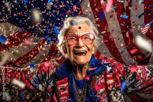  Old woman sings and holds American flag on confetti background. Independence Day celebration concept, memorial day, emigration, US flag,generative ai.