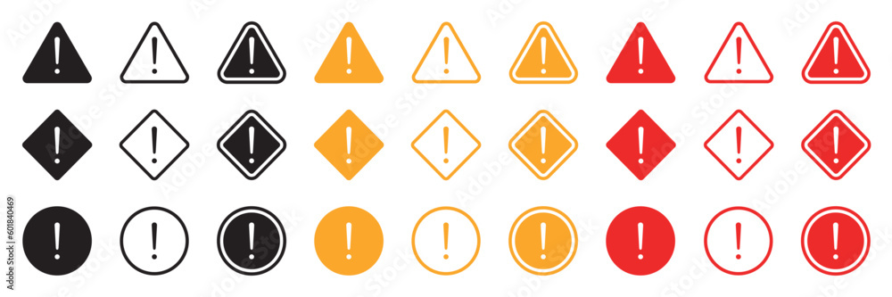 Set of caution warning signs. Warning symbols with exclamation mark, fatal error message, danger icons, attention sign. Vector. Set of caution warning signs. Warning symbols with exclamation mark, fatal error message, danger icons, attention sign. Vector.