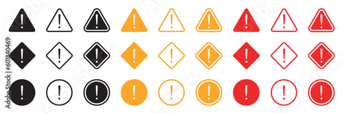 Set of caution warning signs. Warning symbols with exclamation mark, fatal error message, danger icons, attention sign. Vector.
