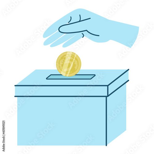 Hands holding coins and putting them into money box. Concept of charity project, donation service, fundraising program, nonprofit organization, financial endowment. Modern flat vector illustration.