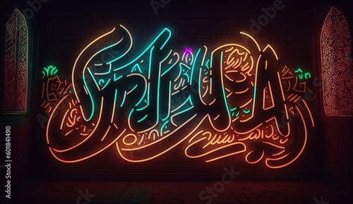 Eid ul-Adha writing neon light Background.Generative AI.