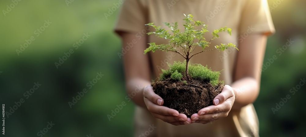 Woman holding a plant in the ground close-up. Caring for nature. Banner, copy space. AI generation Woman holding a plant in the ground close-up. Caring for nature. Banner, copy space. AI generation