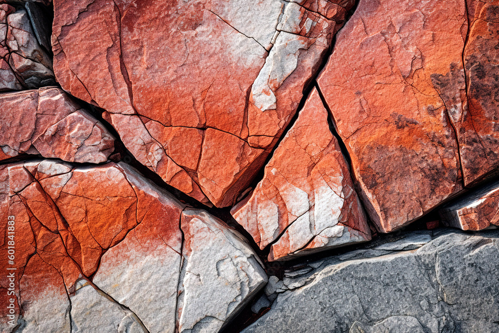 Fototapeta premium Rough, mountainous rock texture in dark red, orange, and brown shades, background wallpaper.