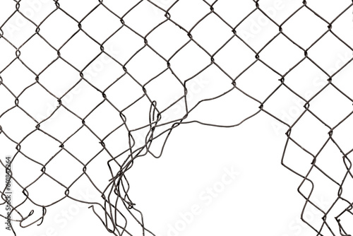 The texture of the metal mesh on a white background. Torn steel  metal mesh with holes