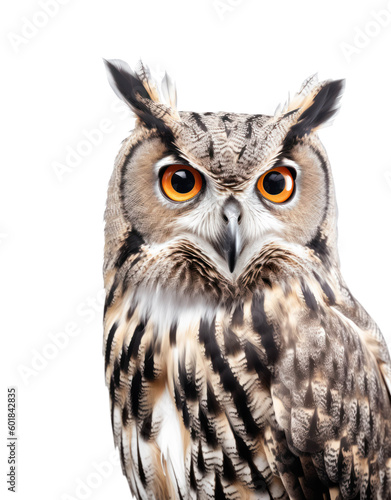 portrait of a large owl looking directly at the camera isolated over a transparent background, cut-out animal, wildlife  or domestic forest design element, generative AI
