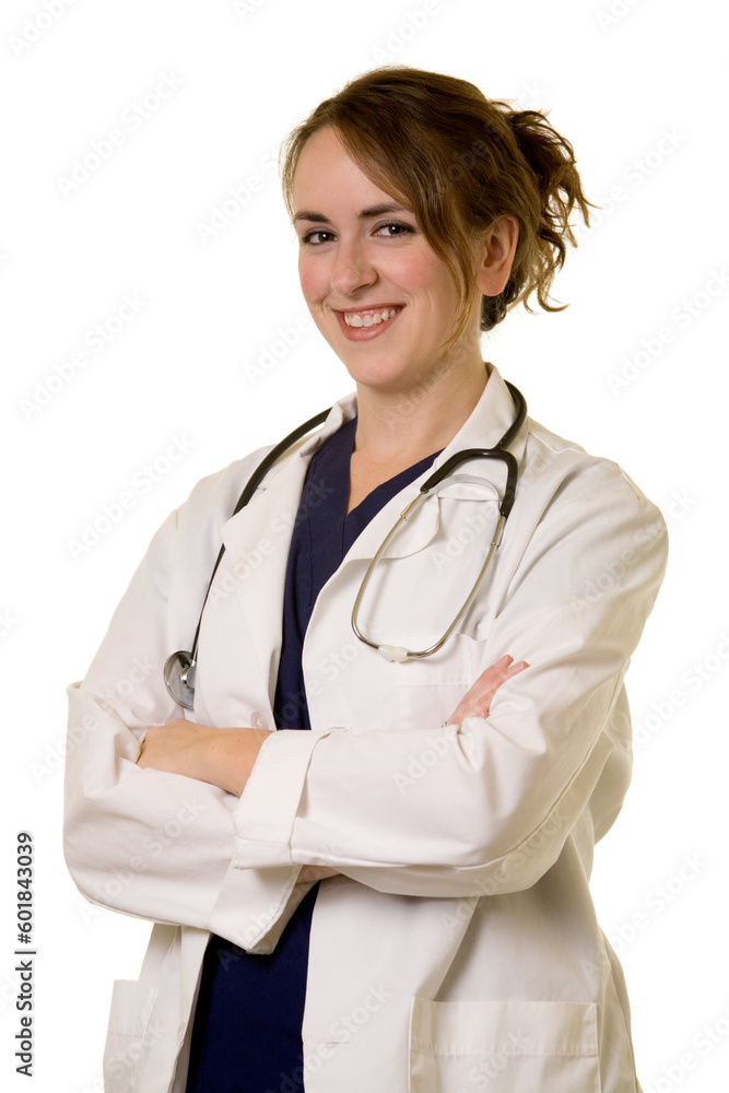Attractive friendly smiling young lady doctor in white lab coat with a stethoscope standing on white Attractive friendly smiling young lady doctor in white lab coat with a stethoscope standing on white