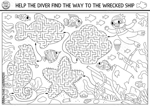 Under the sea black and white maze for kids geometrical sea horse, fish, seashell. Ocean line preschool printable activity. Water labyrinth coloring page. Help the diver find way to wrecked ship.