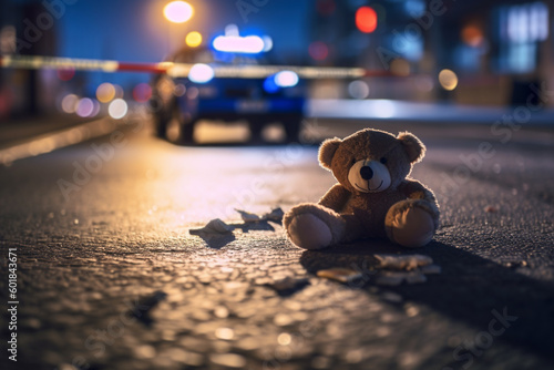 Teddy bear in dark street with police car in blurry background. Generative AI illustration