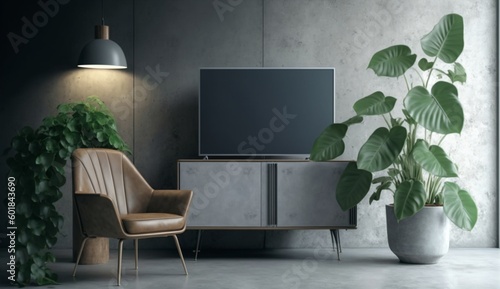 Cabinet TV in modern living room with armchair, lamp, table, flower and plant on concrete wall background. Generative AI.