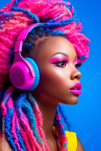 Pretty young black woman wearing colorful headphones to listen to music for entertainment. generative ai