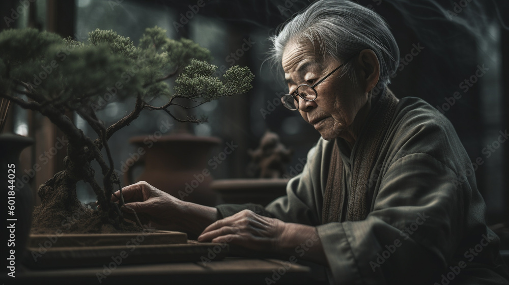 Old Japanese woman trimming a delicate Bonsai tree in greenhouse. generative AI