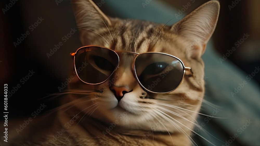 Portrait of cute cat are wear sunglass in concept summer. Image generated by artificial intelligence.