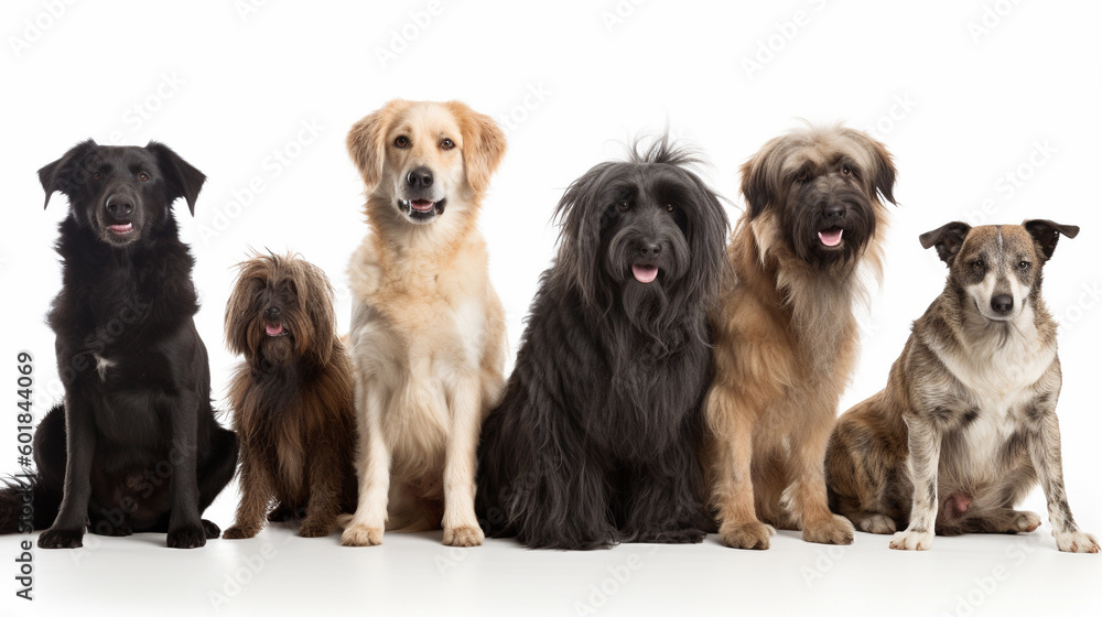 Group portrait of dogs of various shapes, sizes, and breeds. Stray pets ...