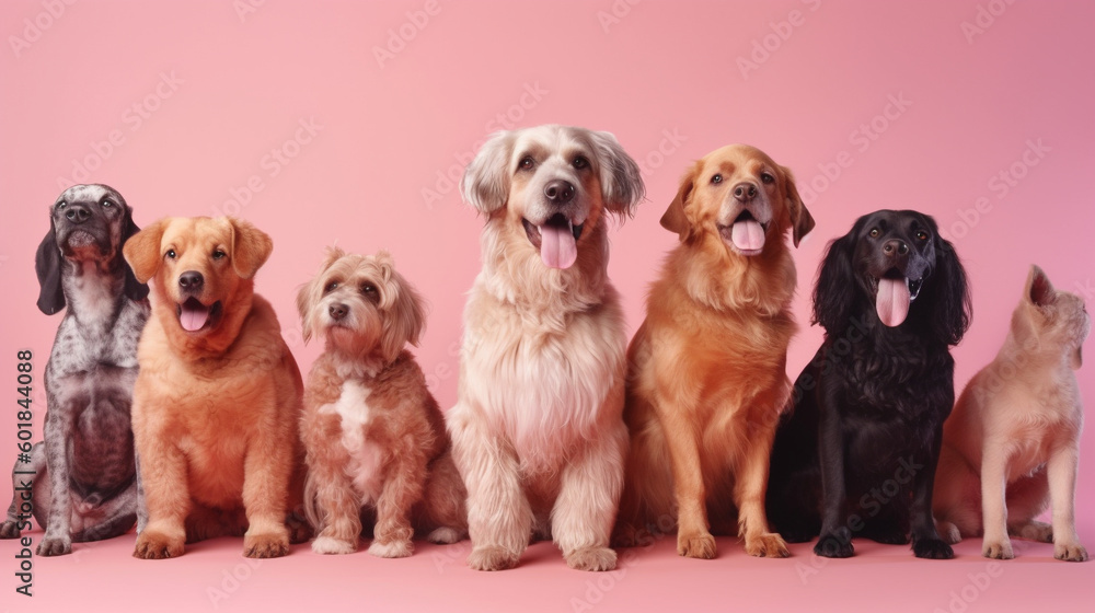 Group portrait of dogs of various shapes, sizes, and breeds. Stray pets with happy expression waiting for adoption. generative AI