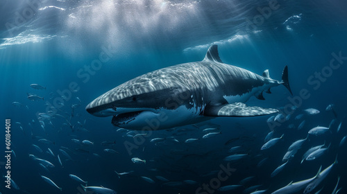 Large great white shark swimming underwater in ocean. generative AI