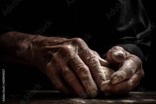 Mature man baking homemade bread. He is kneading the dough with his hands. Flour and wheat old family recipe. generative AI
