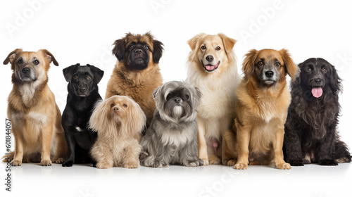 Group portrait of dogs of various shapes  sizes  and breeds. Stray pets with happy expression waiting for adoption. generative AI