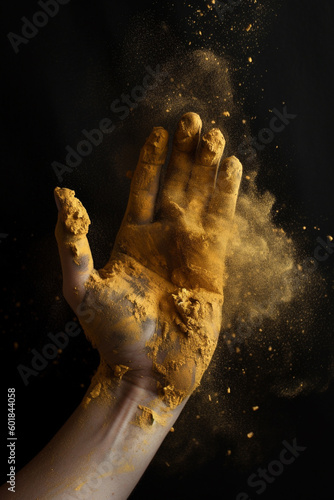 Human hand covered in gold powder dust. 
