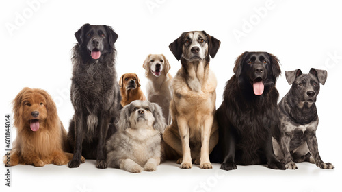 Group portrait of dogs of various shapes, sizes, and breeds. Stray pets with happy expression waiting for adoption. generative AI © Haydiddle
