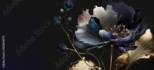 Fototapeta Naklejka Na Ścianę i Meble -  a wallpaper botanical flowers with one big flower for whole artwork flowing alcohol ink style bioluminescence navy blue background, white, gold, generative ai.