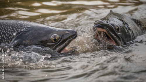 Two salmon fish with the head out of the river water