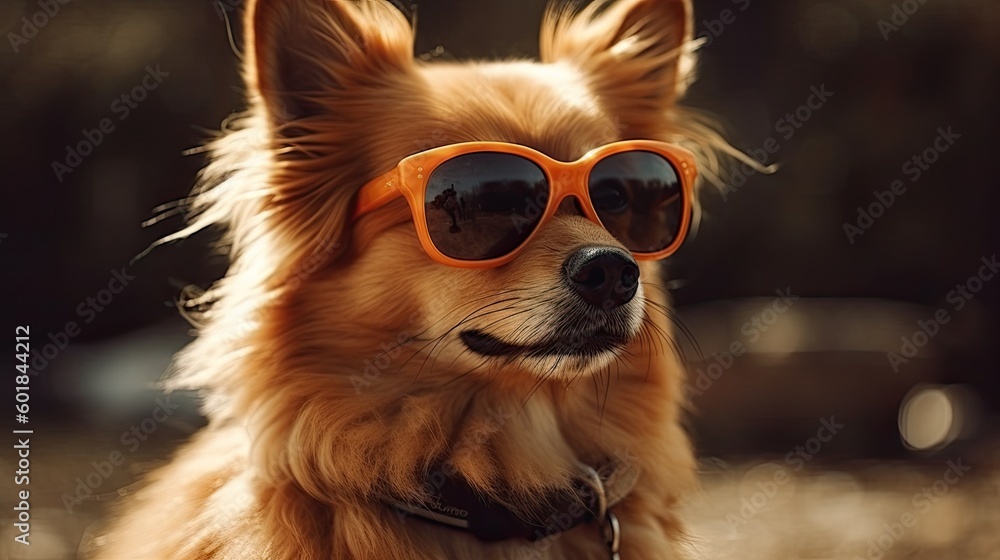 cool trendy posing dog with sunglasses looking up like a model. Summer concept. Image generated by artificial intelligence. cool trendy posing dog with sunglasses looking up like a model. Summer concept. Image generated by artificial intelligence.