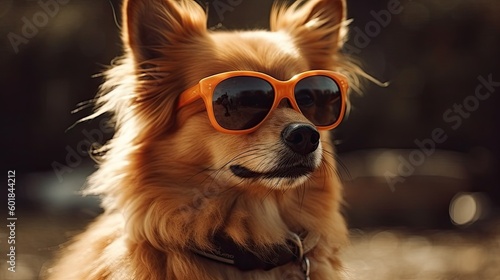 cool trendy posing dog with sunglasses looking up like a model. Summer concept. Image generated by artificial intelligence. © Irina Mikhailichenko