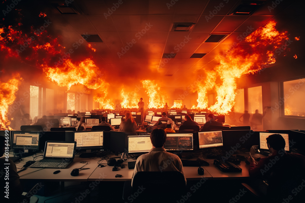 A photo of employees on laptops and computers in a burning office, calmly performing office work A photo of employees on laptops and computers in a burning office, calmly performing office work