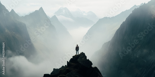 A lonely figure stands on the precipice of a high mountain peak