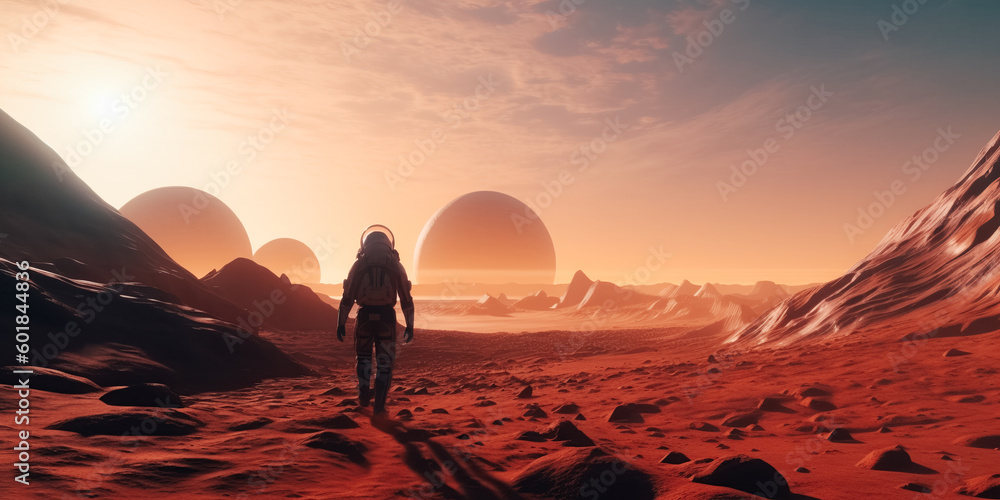 An astronaut walks behind on a planet from our solar system