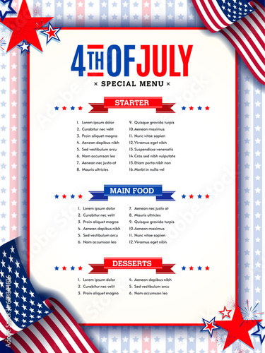 4th of July independence day A4 restaurant menu or food menu with usa waving flag, stars, and American pattern. Vector illustration. 
